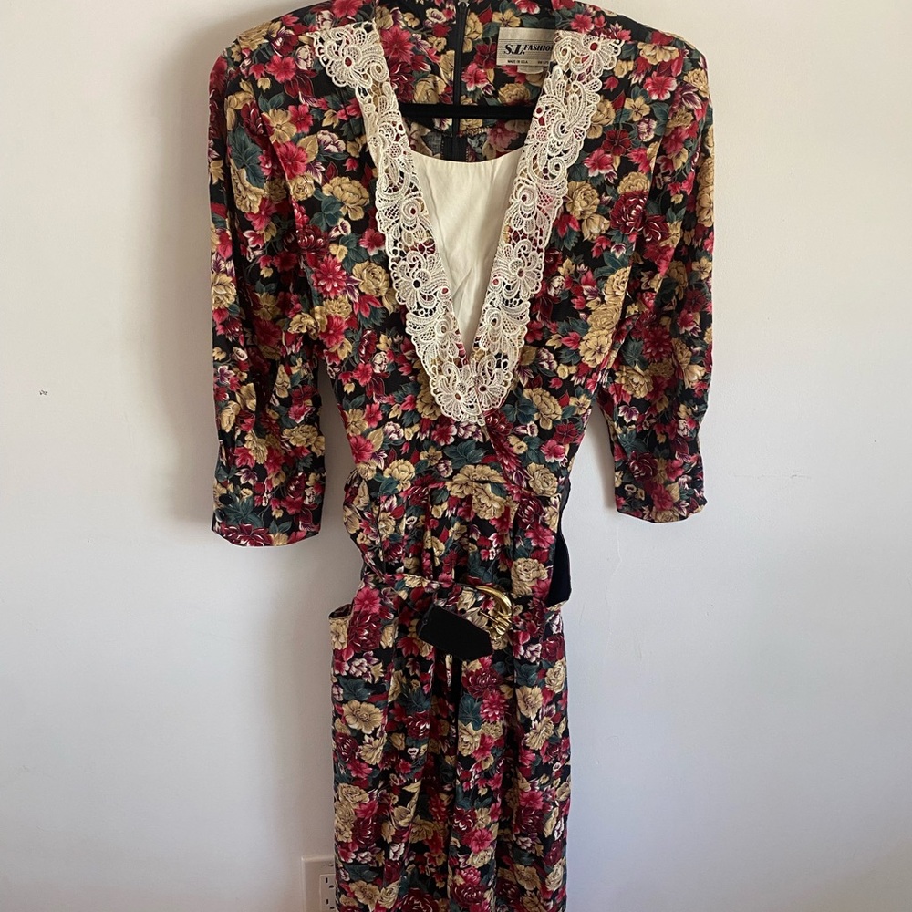 S.L. Fashions Vintage 1980's Floral Lace Trim Belted Dress Size 14